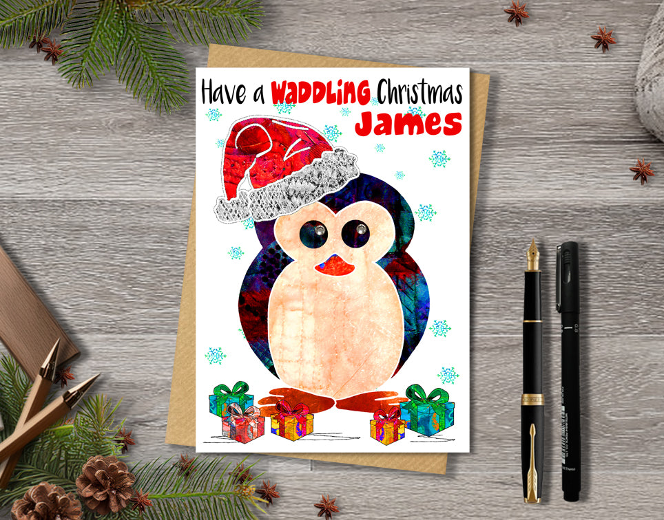 Penguin Christmas Card, A5 Personalised Greeting Card