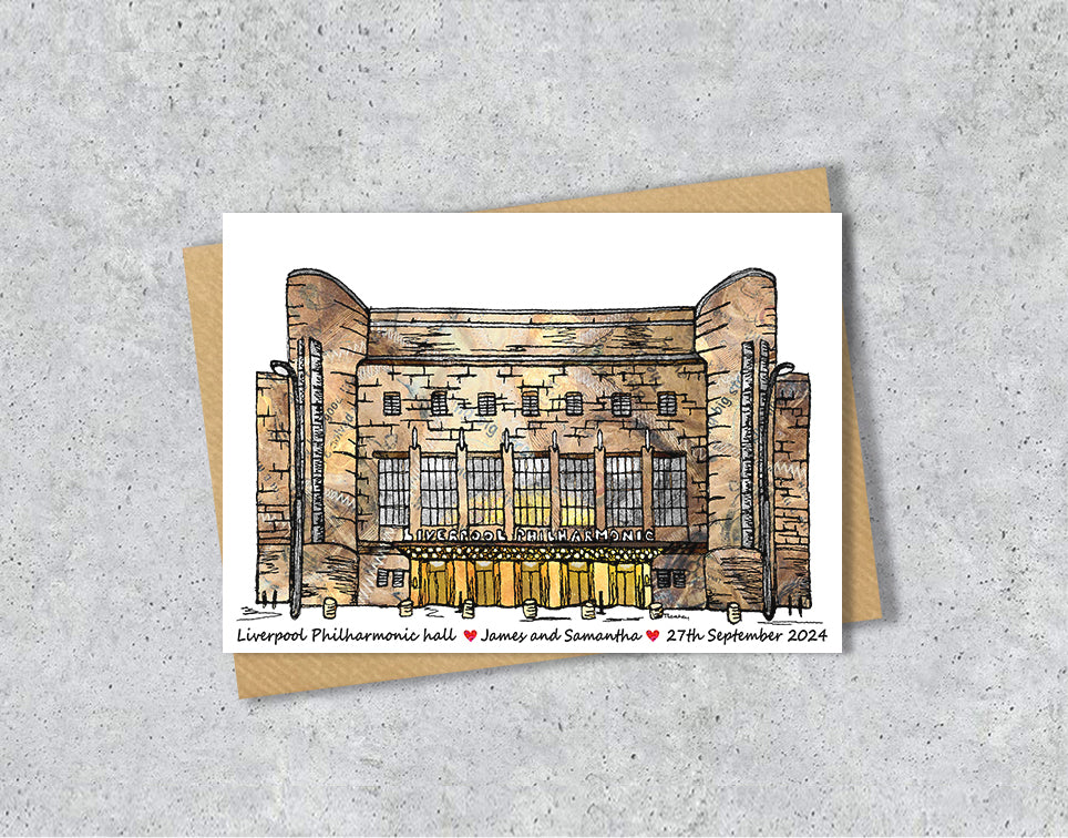 Personalised Liverpool Philharmonic Hall Wedding Venue Card, Anniversary Card