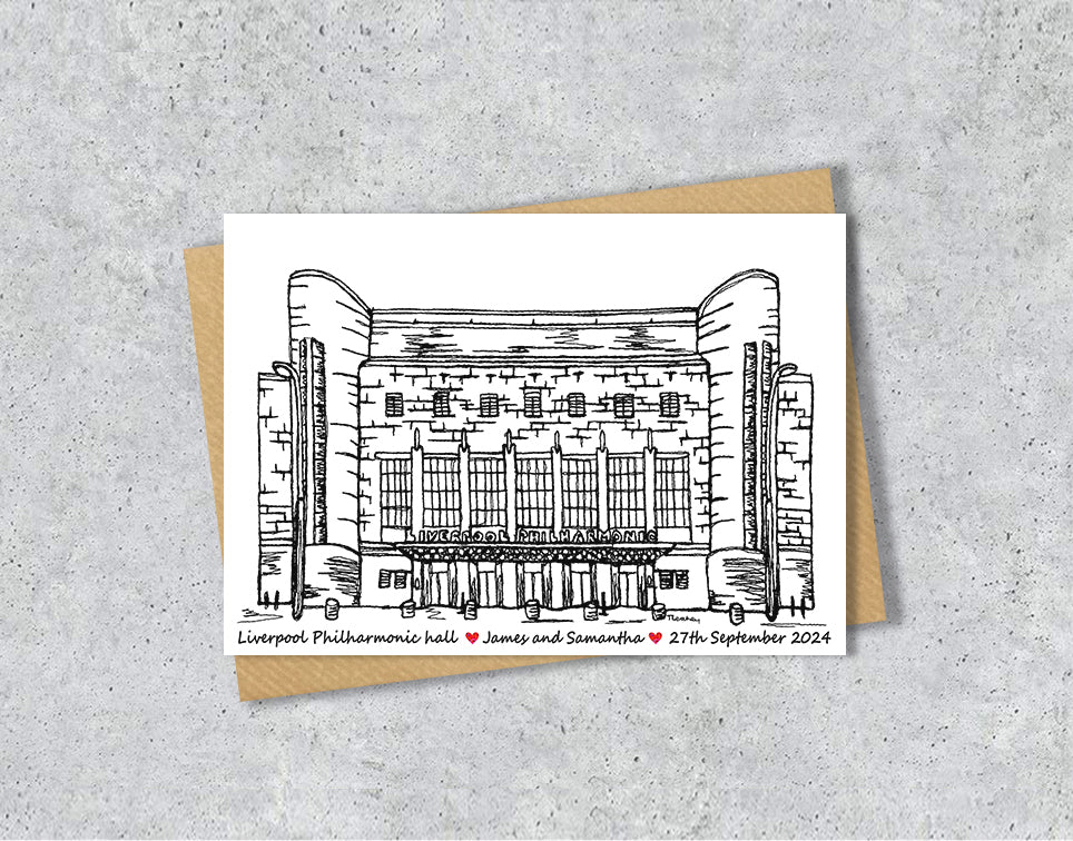 Personalised Liverpool Philharmonic Hall Wedding Venue Card, Anniversary Card