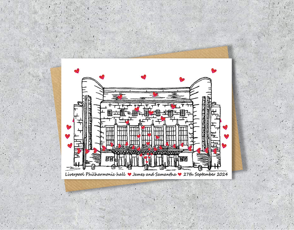 Personalised Liverpool Philharmonic Hall Wedding Venue Card, Anniversary Card