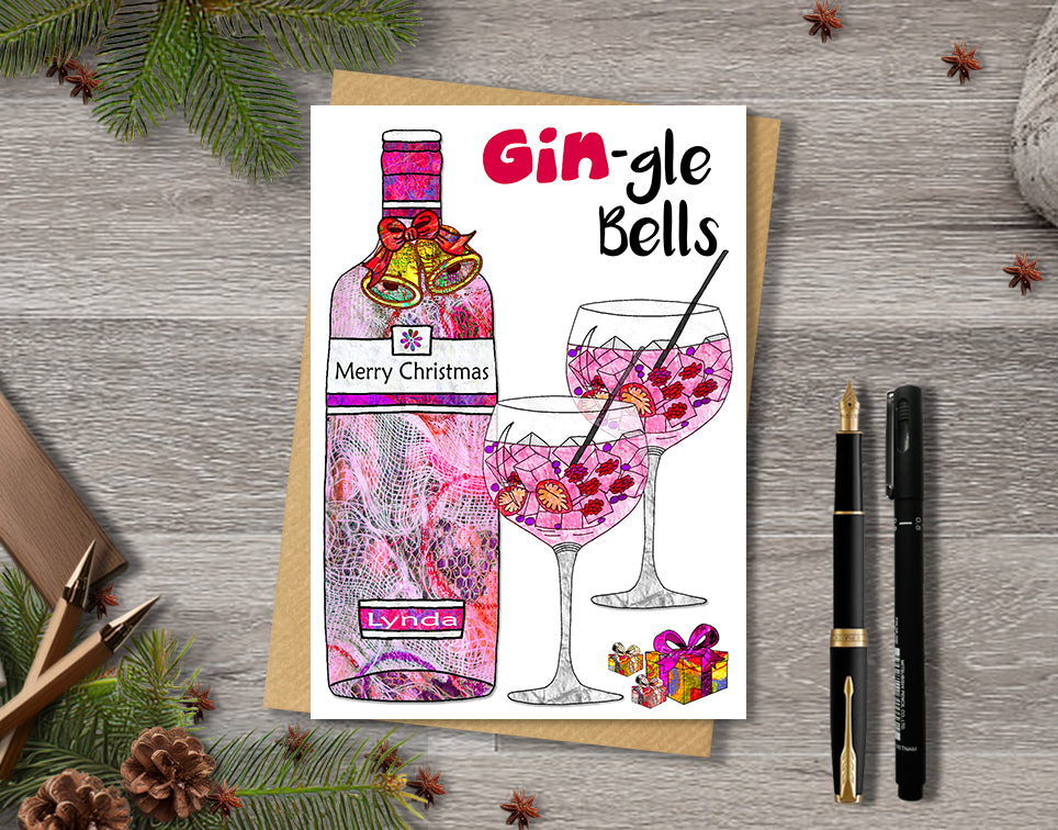 Pink Gin Christmas Card, A5 Personalised Greeting Card
