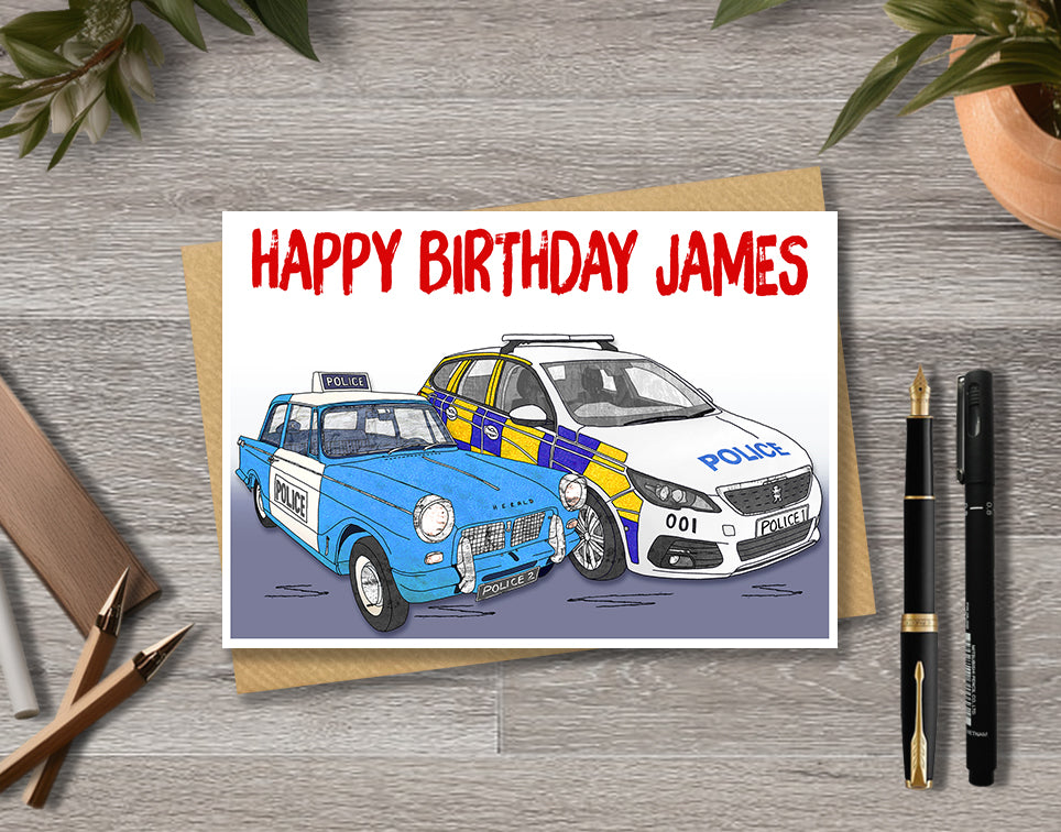 Personalised Police Car Birthday A5 Card, Congratulations, Father's Day, Good Luck