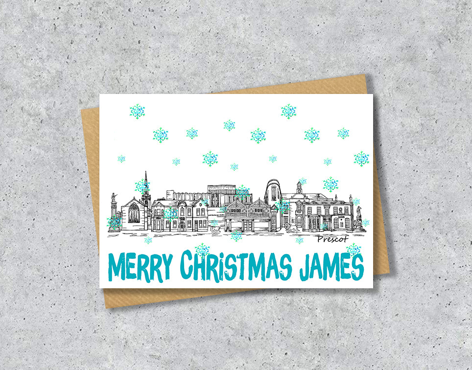 Prescot Skyline Christmas Card, A5 Personalised Xmas Family Card