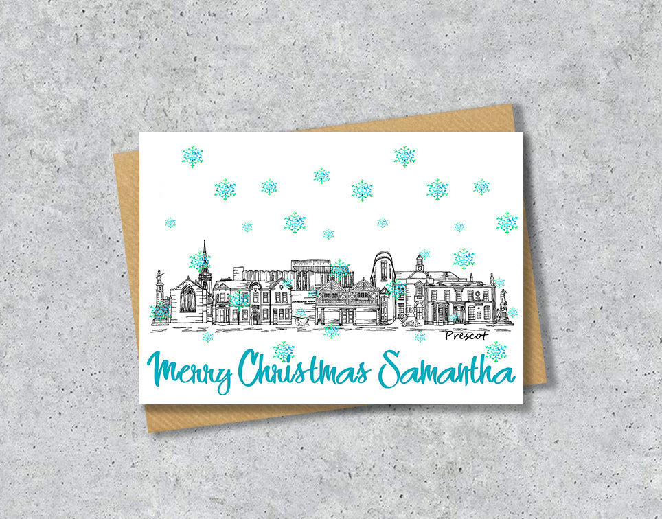 Prescot Skyline Christmas Card, A5 Personalised Xmas Family Card