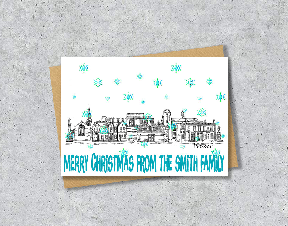 Prescot Skyline Christmas Card, A5 Personalised Xmas Family Card