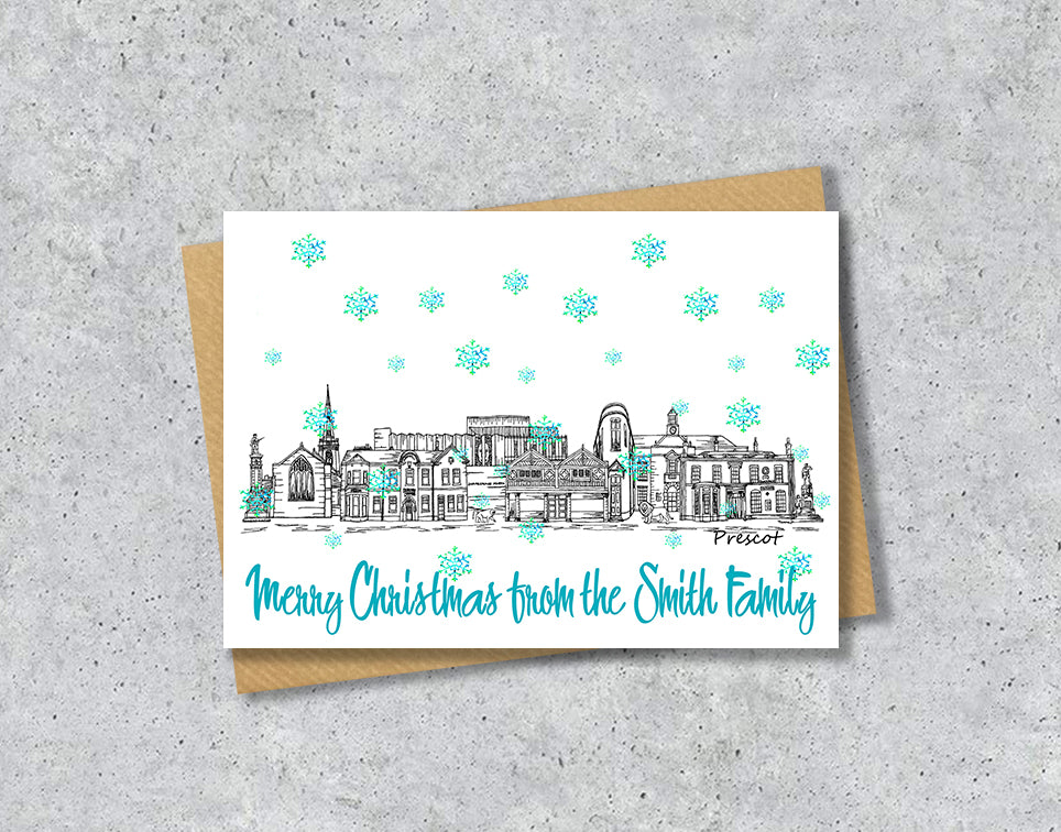 Prescot Skyline Christmas Card, A5 Personalised Xmas Family Card
