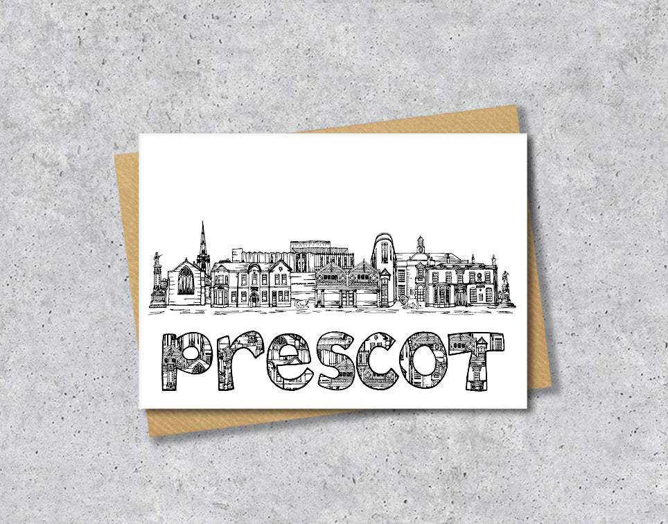 Prescot Skyline, Black and White A6 Card