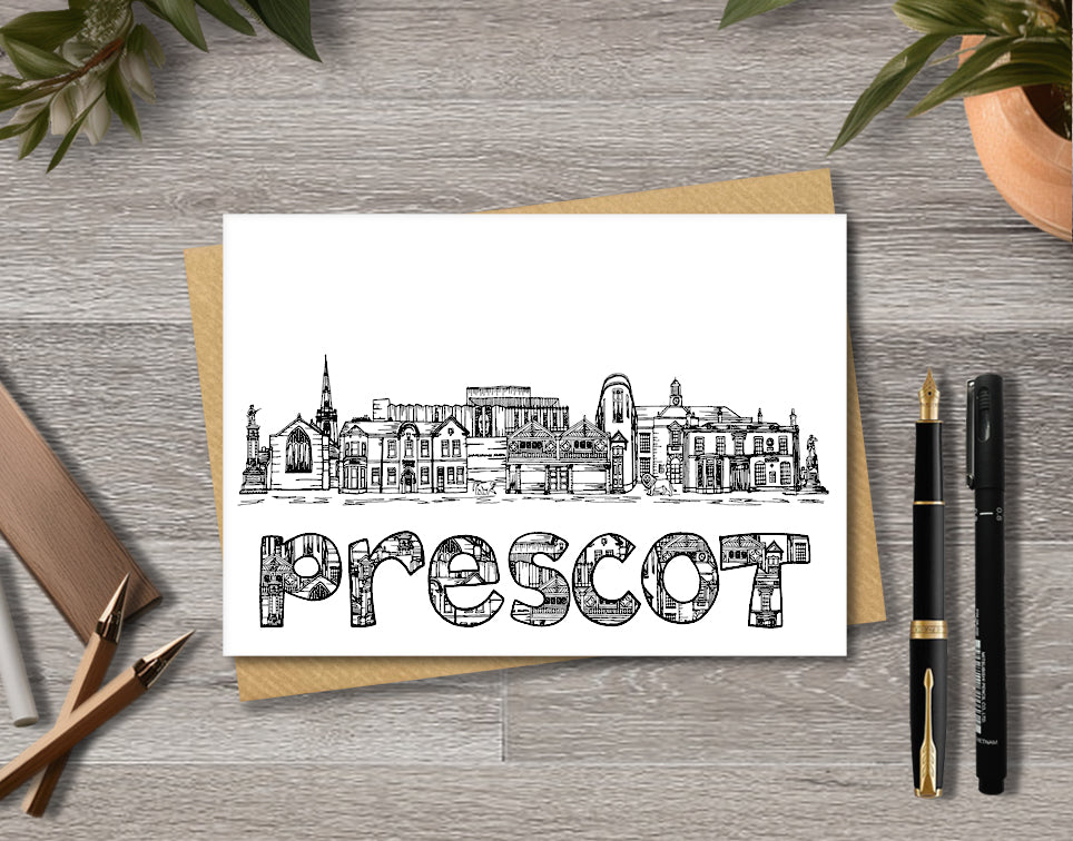 Prescot Skyline, Black and White A6 Card