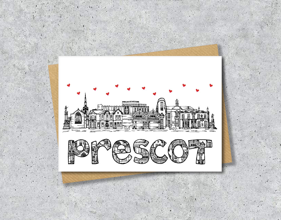Prescot Skyline, Black and White A6 Card