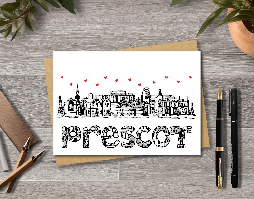Prescot Skyline, Black and White A6 Card