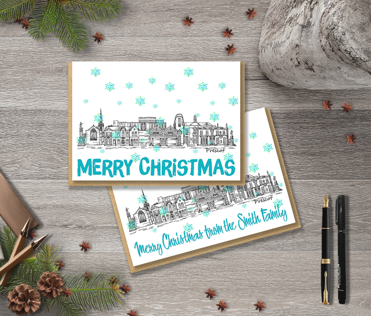 Prescot Skyline Christmas Card, A5 Personalised Xmas Family Card