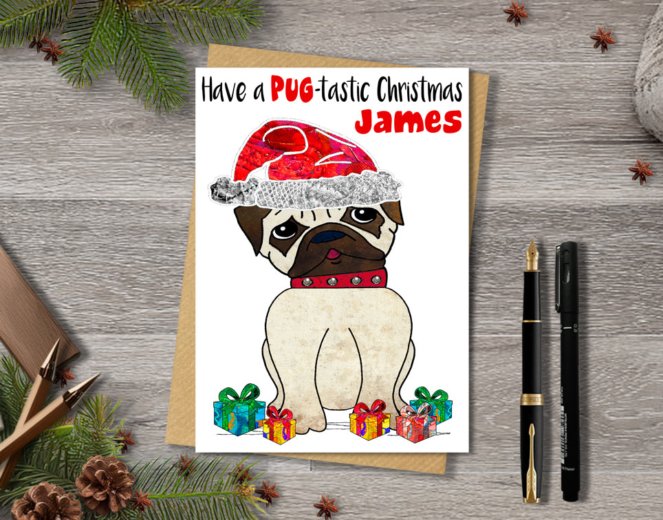 Pug Christmas Card, A5 Personalised Greeting Card