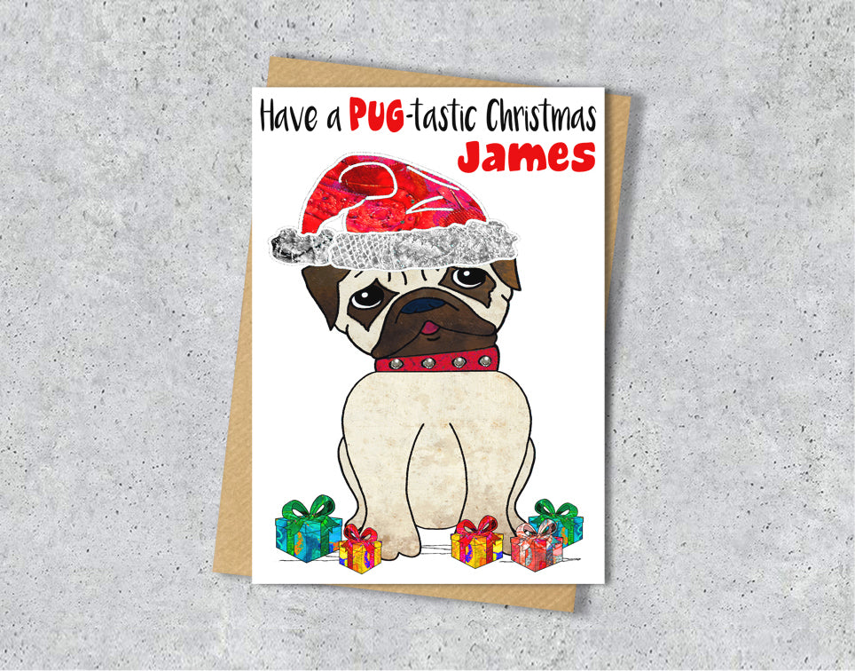 Pug Christmas Card, A5 Personalised Greeting Card