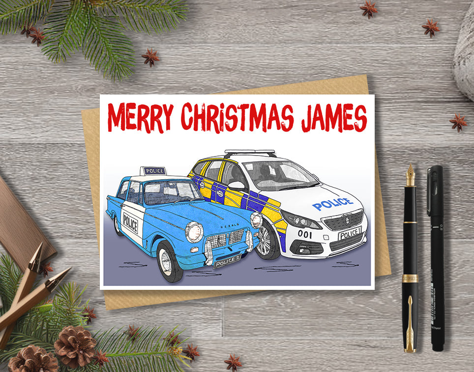 Police Car Christmas A5 Card, Personalised Retro and Modern Cop Cars, Xmas Gift Card