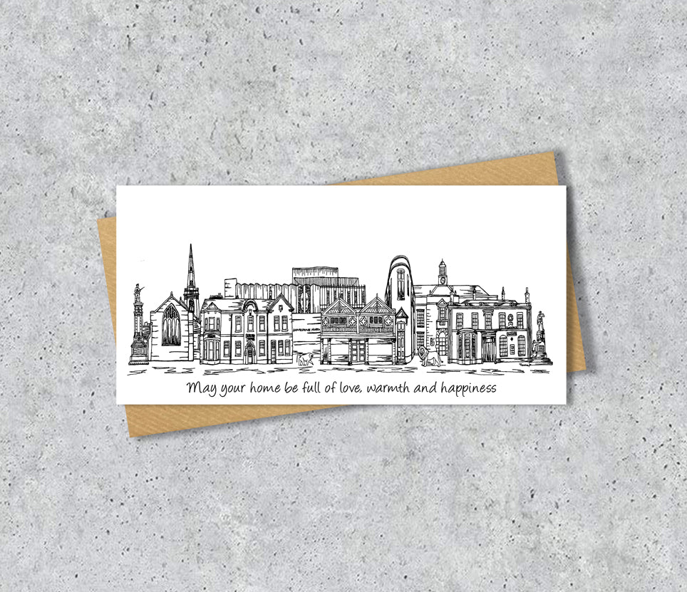 Prescot Skyline Housewarming Card, Personalised, Prescot landmarks, Black White, Red Hearts