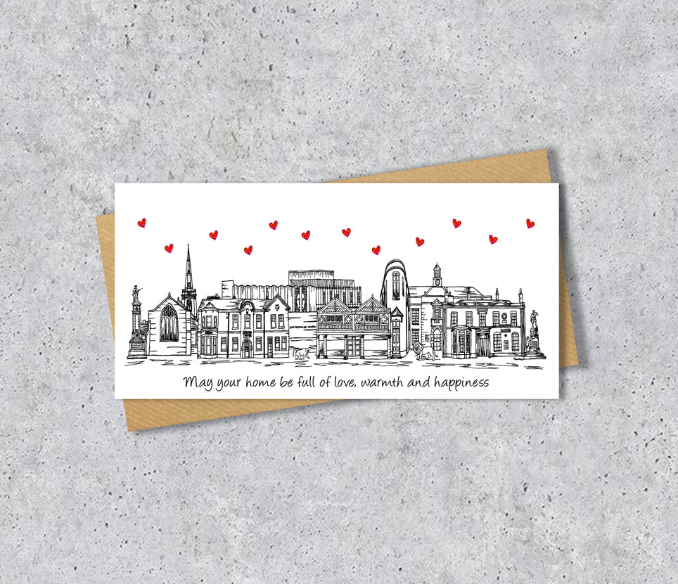 Prescot Skyline Housewarming Card, Personalised, Prescot landmarks, Black White, Red Hearts