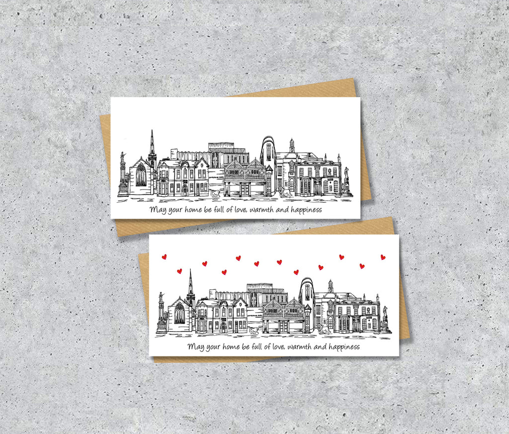 Prescot Skyline Housewarming Card, Personalised, Prescot landmarks, Black White, Red Hearts