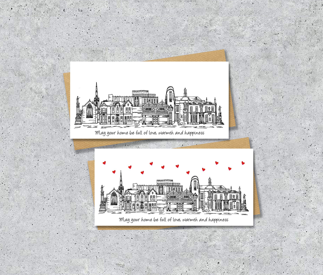 Prescot Skyline Housewarming Card, Personalised, Prescot landmarks, Black White, Red Hearts