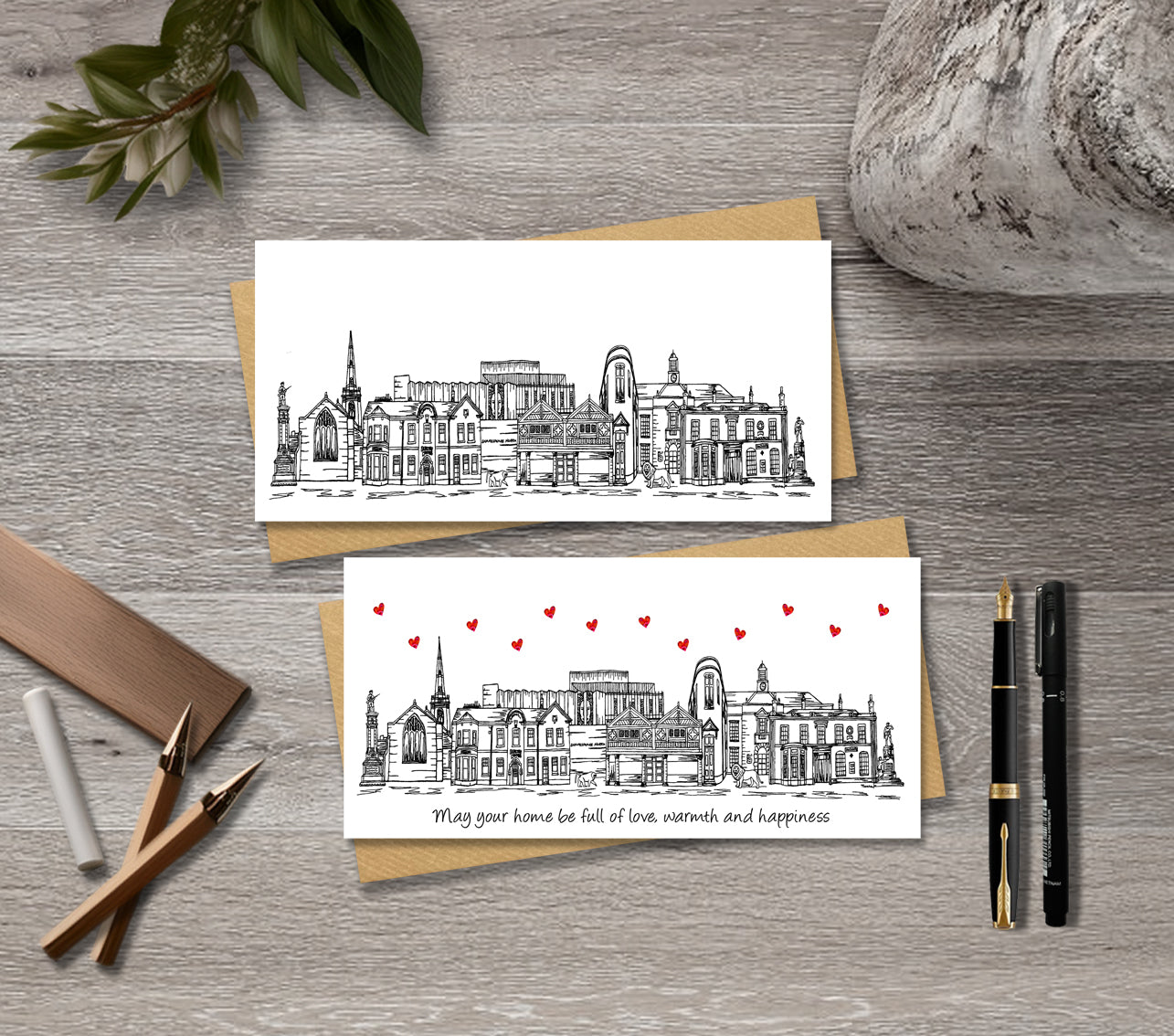 Prescot Skyline Housewarming Card, Personalised, Prescot landmarks, Black White, Red Hearts