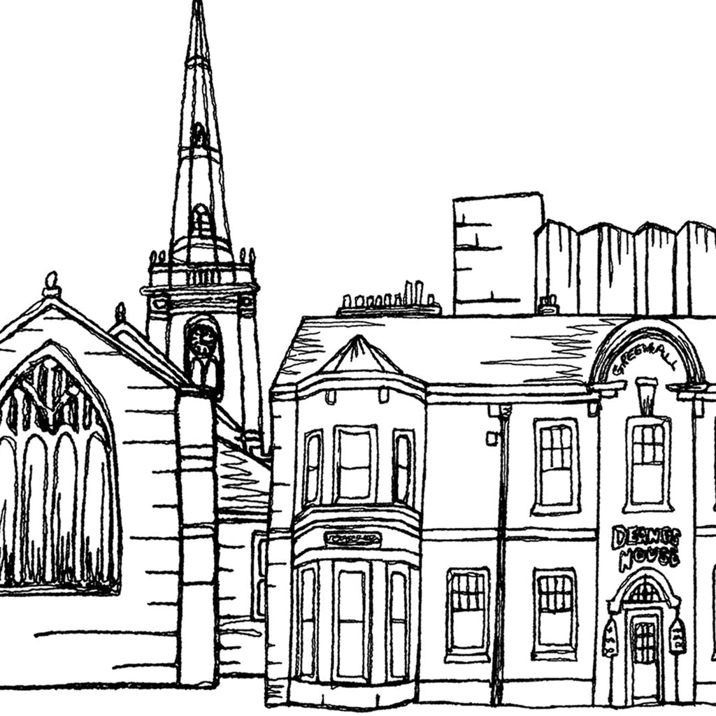 Prescot Skyline Housewarming Card, Personalised, Prescot landmarks, Black White, Red Hearts