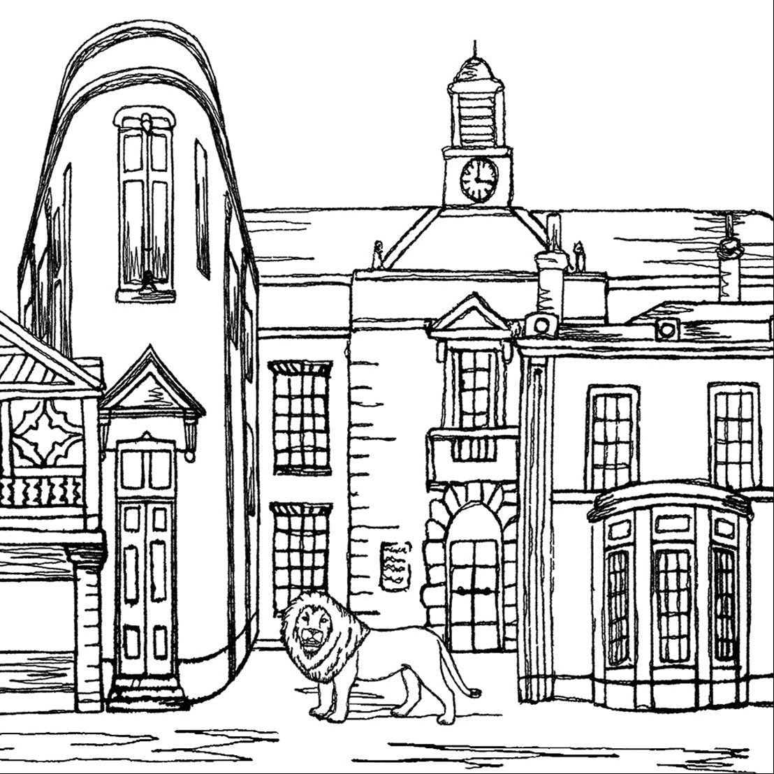 Prescot Skyline Housewarming Card, Personalised, Prescot landmarks, Black White, Red Hearts