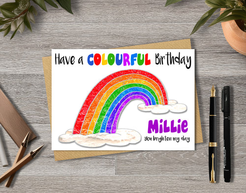 Personalised rainbow girl birthday card