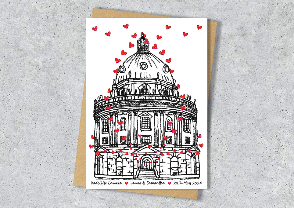 Wedding / Anniversary card with a black and white textile illustration of Radcliffe Camera Oxford and red hearts with personalised text.