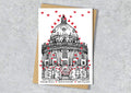 Wedding / Anniversary card with a black and white textile illustration of Radcliffe Camera Oxford and red hearts with personalised text.