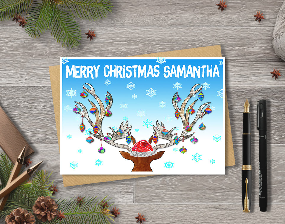 Reindeer Christmas Card, A5 Personalised Greeting Card