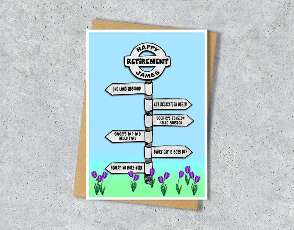 Personalised greeting card with a road sign illustrationn with retirement destinations.