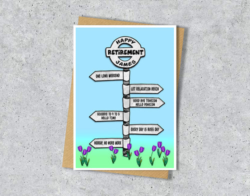 Personalised greeting card with a road sign illustrationn with retirement destinations.