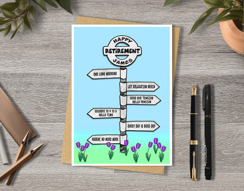Personalised greeting card with a road sign illustrationn with retirement destinations.