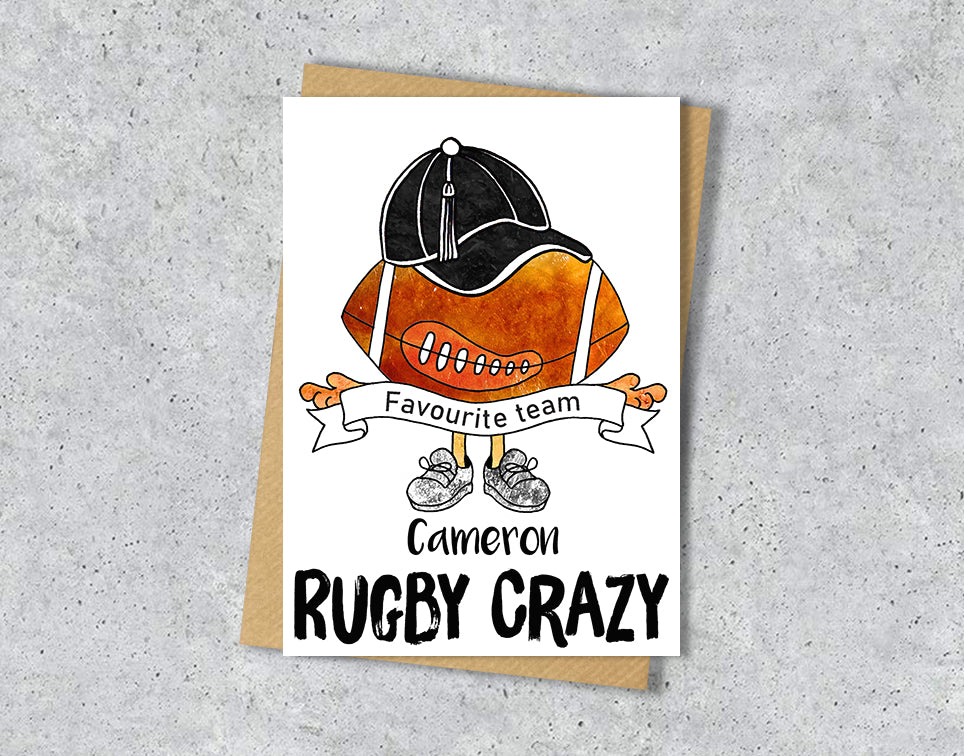 Greeting card with rugby ball and black cap illustration with "Rugby Crazy" personalised name and favourite team in the scarf.
