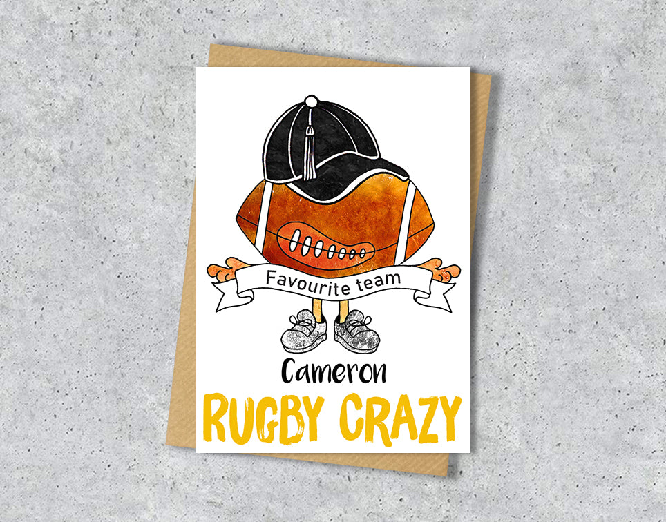 Greeting card with rugby ball and black cap illustration with yellow "Rugby Crazy" personalised name and favourite team in the scarf.