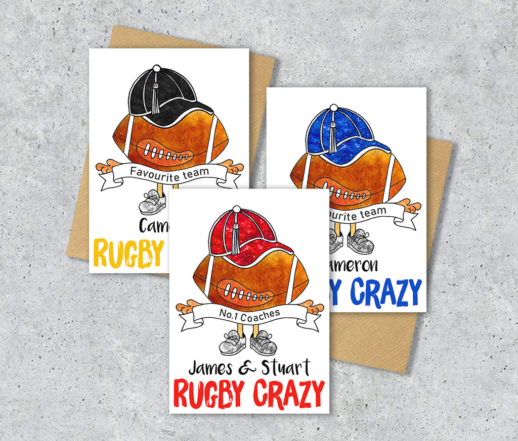Three rugby-themed greeting cards with personalised text.