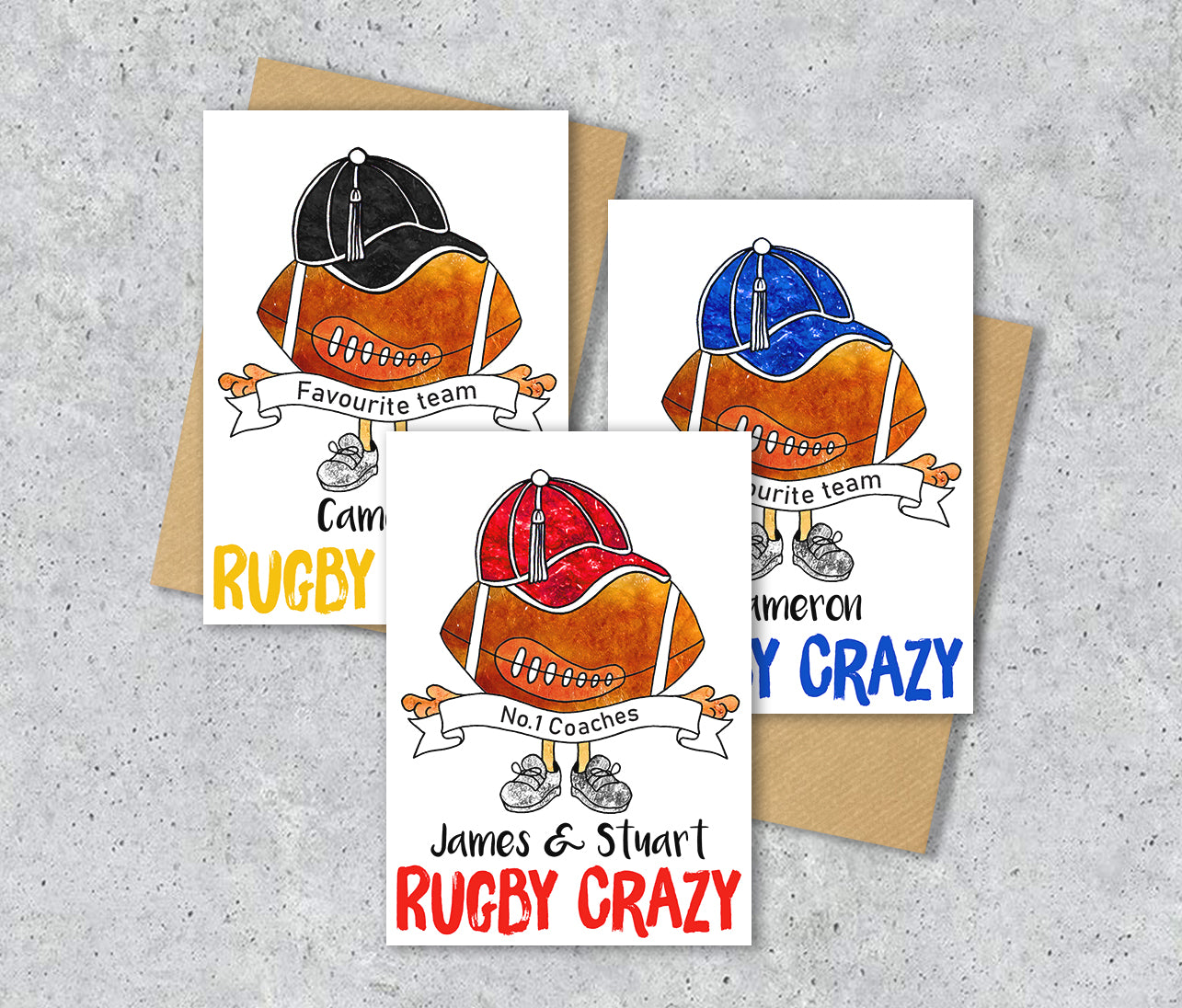 Three rugby-themed greeting cards with personalised text.