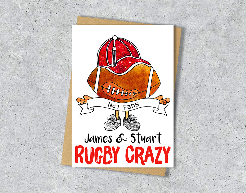 Greeting card with rugby ball and red cap illustration with red "Rugby Crazy" a personalised name and no.1 fans in the scarf.