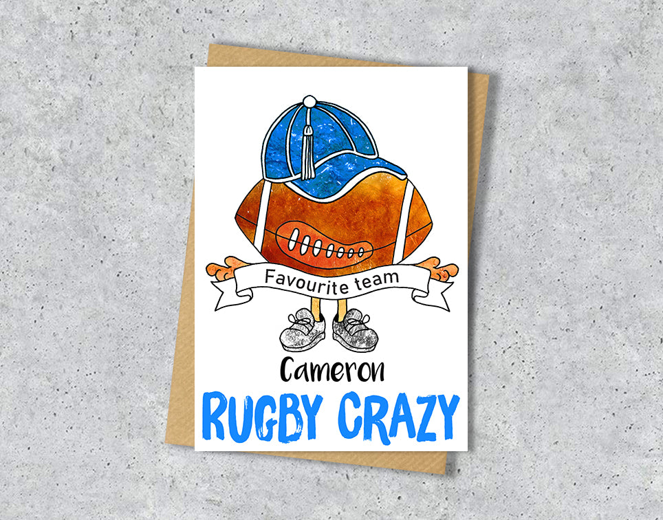 Greeting card with rugby ball and light blue cap illustration with light blue "Rugby Crazy" a personalised name and favourite team in the scarf.