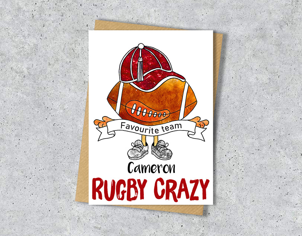 Greeting card with rugby ball and burgundy cap illustration with burgundy "Rugby Crazy" a personalised name and favourite team in the scarf.