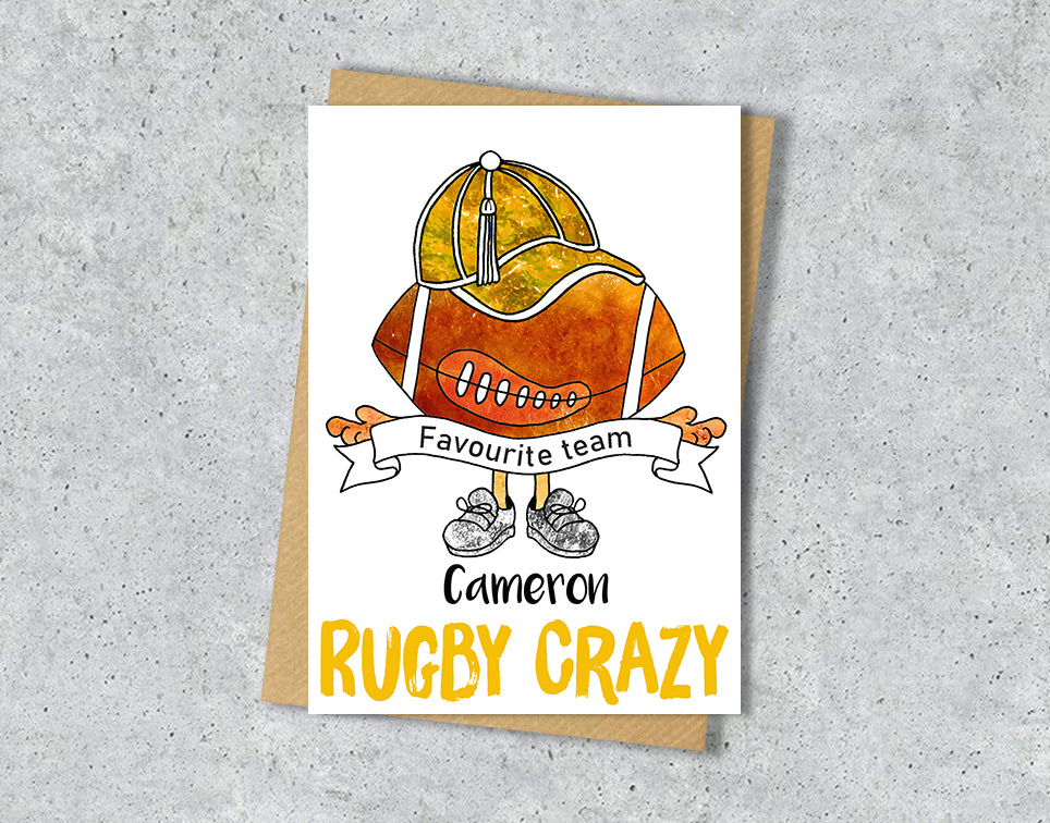 Greeting card with rugby ball and yellow cap illustration with yellow "Rugby Crazy" a personalised name and favourite team in the scarf.
