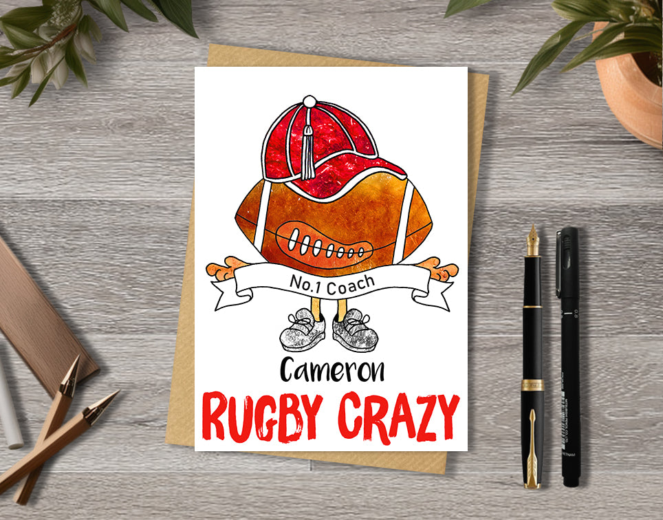 Rugby Greeting Card, Favourite Team, No.1 Coach, No.1 Fan, Personalised A5 Card