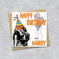 Birthday card with a Red Setter wearing a party hat and balloons, with personalised text.