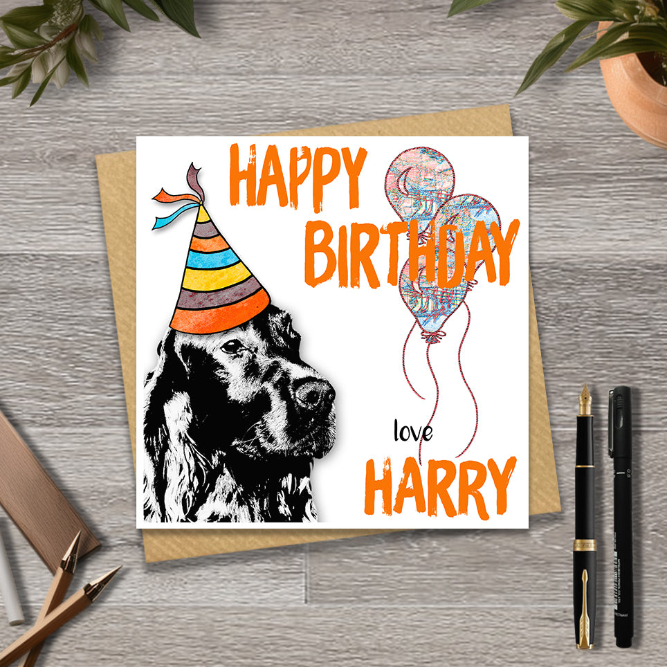 Birthday card with a Red Setter wearing a party hat and balloons, with personalised text.