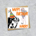 Birthday card with a Rottweiler wearing a party hat and balloons, with personalised text.