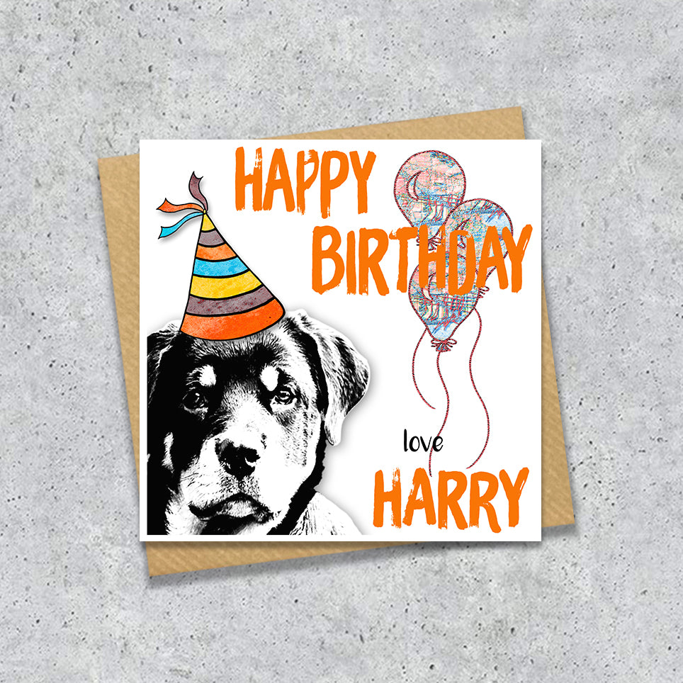 Birthday card with a Rottweiler wearing a party hat and balloons, with personalised text.