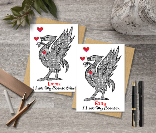 I love my scouser cards with a Liver bird design and hearts with personalised text.