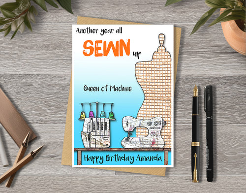 Birthday card with a craft room illustration and 'Another year all sewn up, Queen of machine' with personalised text.