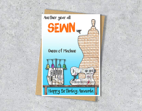 Birthday card with a craft room illustration and 'Another year all sewn up, Queen of machine' with personalised text.