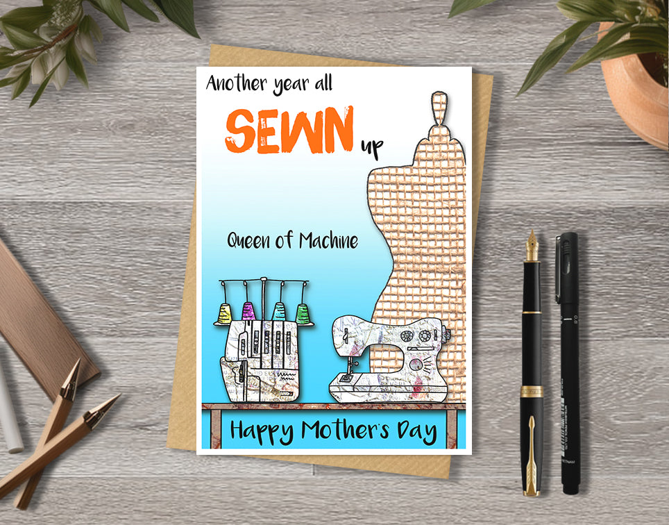 Mother's day card with a craft room illustration and 'Another year all sewn up, Queen of machine' with personalised text.