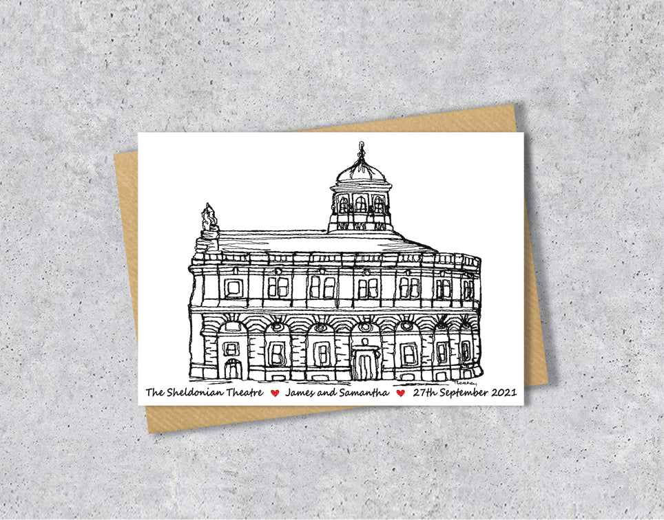 Wedding / Anniversary card with a Wedding / Anniversary card with a black and white textile illustration of Sheldonian Theatre Oxford with personalised text.